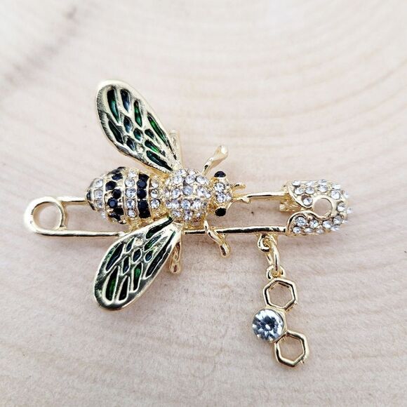 Vintage Jewelry - Brand New Gold Tone Bee Green Wing Rhinestone Brooch Pin